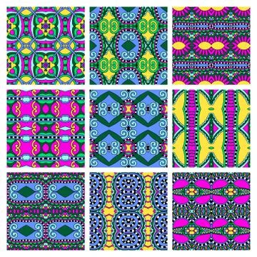 Set of different seamless colored vintage geometric pattern, tex Stock-Illustration