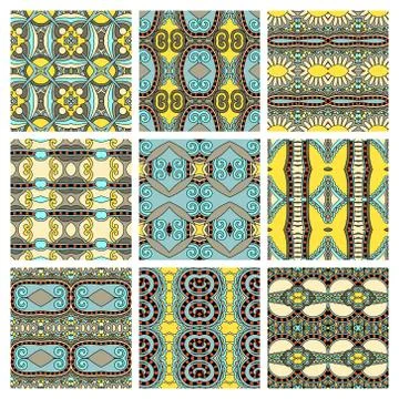 Set of different seamless colored vintage geometric pattern, tex Stock-Illustration