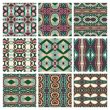 Set of different seamless colored vintage geometric pattern, tex Stock-Illustration