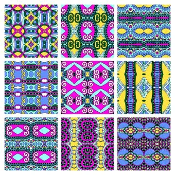Set of different seamless colored vintage geometric pattern, tex Illustrazione stock