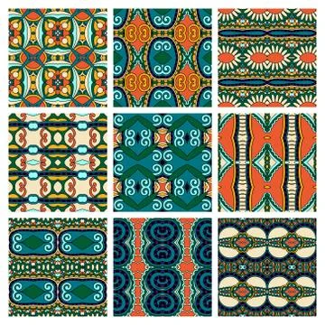 Set of different seamless colored vintage geometric pattern, tex Stock-Illustration