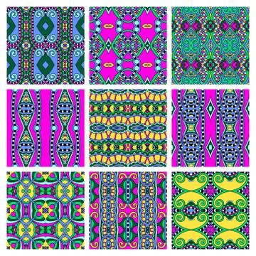 Set of different seamless colored vintage geometric pattern, tex Stock-Illustration