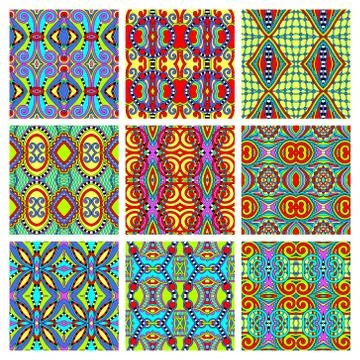 Set of different seamless colored vintage geometric pattern Ilustración de archivo
