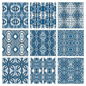 Set of different seamless colored vintage geometric pattern Stock-Illustration