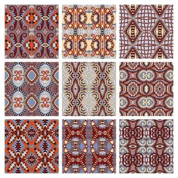Set of different seamless colored vintage geometric pattern Stock-Illustration