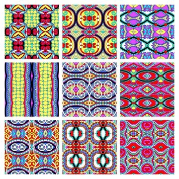 Set of different seamless colored vintage geometric pattern Stock Illustration