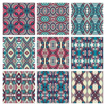 Set of different seamless colored vintage geometric pattern Stock-Illustration