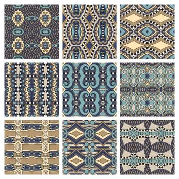 Set of different seamless colored vintage geometric pattern, tex Ilustración de archivo