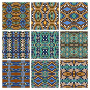 Set of different seamless colored vintage geometric pattern, tex Stock Illustration