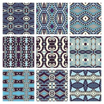 Set of different seamless colored vintage geometric pattern, tex Stock Illustration