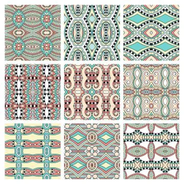 Set of different seamless colored vintage geometric pattern, tex Stock-Illustration
