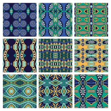 Set of different seamless colored vintage geometric pattern, tex Stock-Illustration