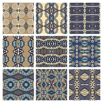 Set of different seamless colored vintage geometric pattern, tex Stock-Illustration