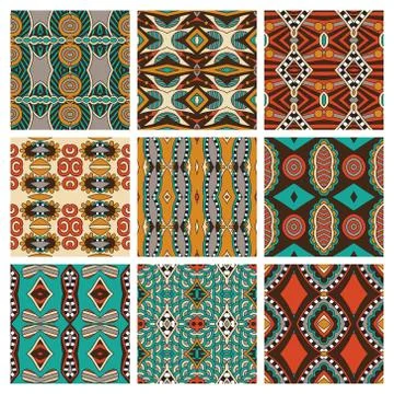 Set of different seamless colored vintage geometric pattern, tex Stock-Illustration