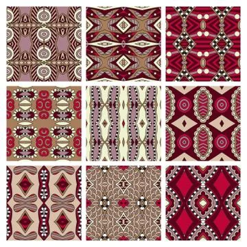 Set of different seamless colored vintage geometric pattern, tex Stock Illustration