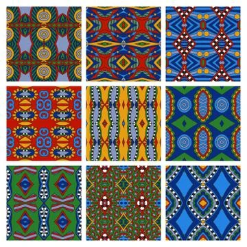 Set of different seamless colored vintage geometric pattern, tex Stock-Illustration