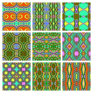 Set of different seamless colored vintage geometric pattern Stock-Illustration