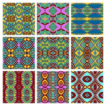 Set of different seamless colored vintage geometric pattern, tex Stock Illustration