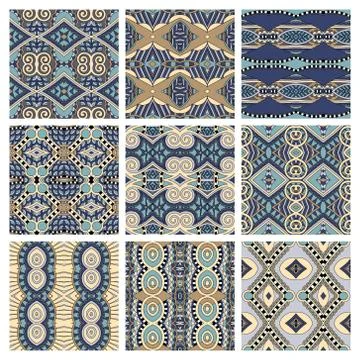 Set of different seamless colored vintage geometric pattern, tex Stock Illustration