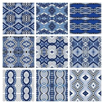 Set of different seamless colored vintage geometric pattern, tex Stock Illustration