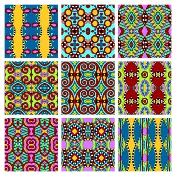 Set of different seamless colored vintage geometric pattern, tex Stock Illustration
