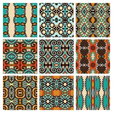 Set of different seamless colored vintage geometric pattern, tex Stock Illustration