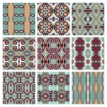 Set of different seamless colored vintage geometric pattern, tex Stock Illustration