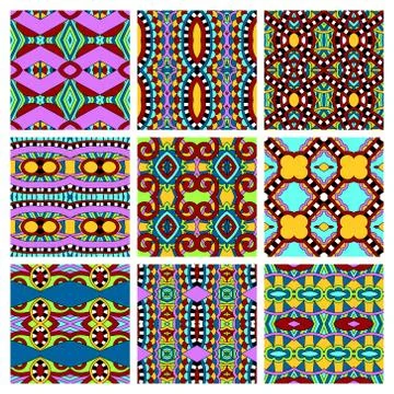 Set of different seamless colored vintage geometric pattern, tex Stock-Illustration