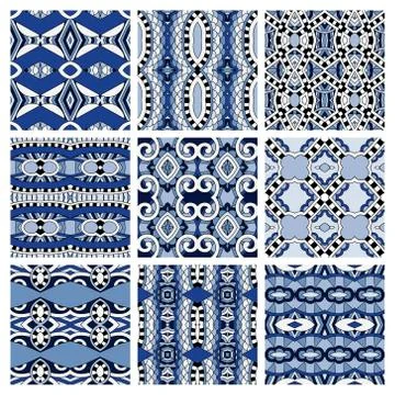 Set of different seamless colored vintage geometric pattern, tex Stock-Illustration