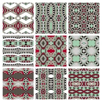 Set of different seamless colored vintage geometric pattern, tex Stock Illustration