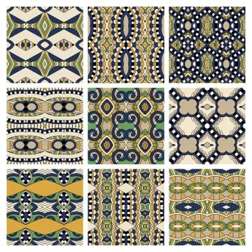 Set of different seamless colored vintage geometric pattern, tex Stock-Illustration