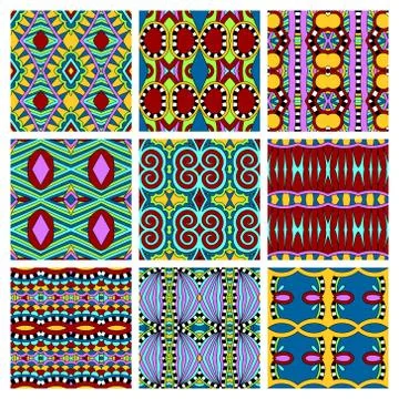Set of different seamless colored vintage geometric pattern, tex Stock-Illustration