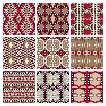Set of different seamless colored vintage geometric pattern, tex Stock-Illustration