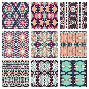 Set of different seamless colored vintage geometric pattern, tex Stock-Illustration