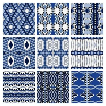 Set of different seamless colored vintage geometric pattern, tex Stock-Illustration