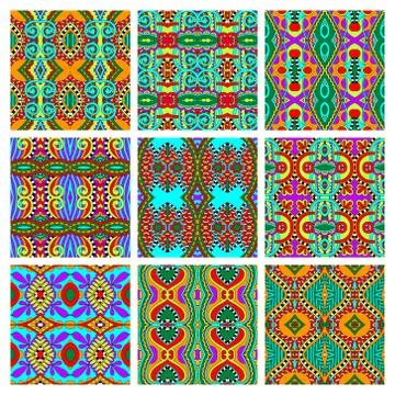 Set of different seamless colored vintage geometric pattern Stock-Illustration