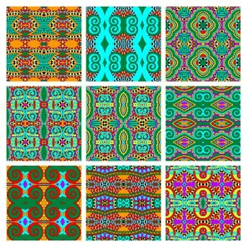 Set of different seamless colored vintage geometric pattern Stock-Illustration
