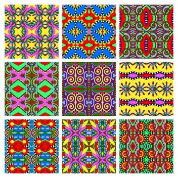 Set of different seamless colored vintage geometric pattern Ilustración de archivo