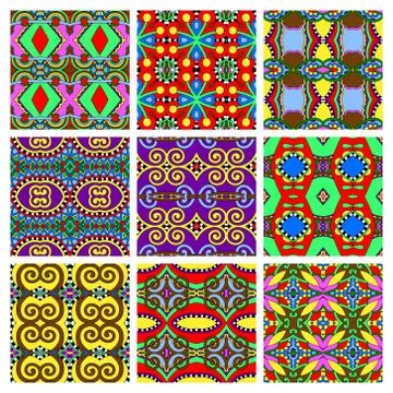 Set of different seamless colored vintage geometric pattern Stock-Illustration
