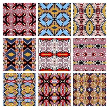 Set of different seamless colored vintage geometric pattern Stock-Illustration