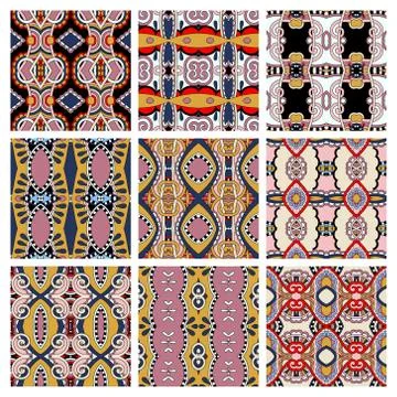 Set of different seamless colored vintage geometric pattern Stock-Illustration