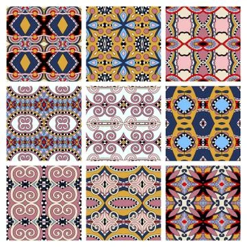 Set of different seamless colored vintage geometric pattern Illustration