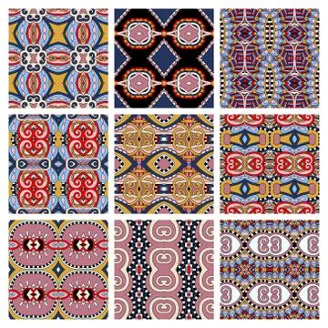 Set of different seamless colored vintage geometric pattern Stock-Illustration