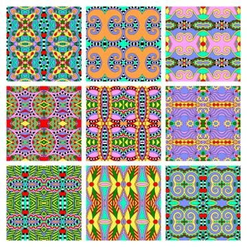 Set of different seamless colored vintage geometric pattern Stock Illustration