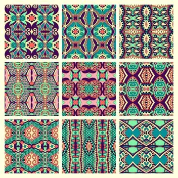 Set of different seamless colored vintage geometric pattern, tex Stock-Illustration