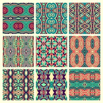 Set of different seamless colored vintage geometric pattern, tex Stock-Illustration