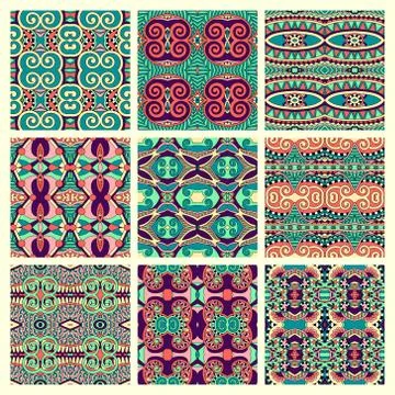 Set of different seamless colored vintage geometric pattern, tex Stock-Illustration