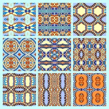 Set of different seamless colored vintage geometric pattern Stock-Illustration