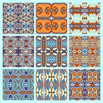 Set of different seamless colored vintage geometric pattern Illustration