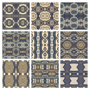 Set of different seamless colored vintage geometric pattern Stock-Illustration